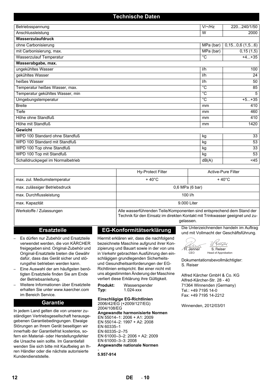 Technische daten, Ersatzteile garantie eg-konformitätserklärung | Karcher WPD 100 T AC User Manual | Page 12 / 316