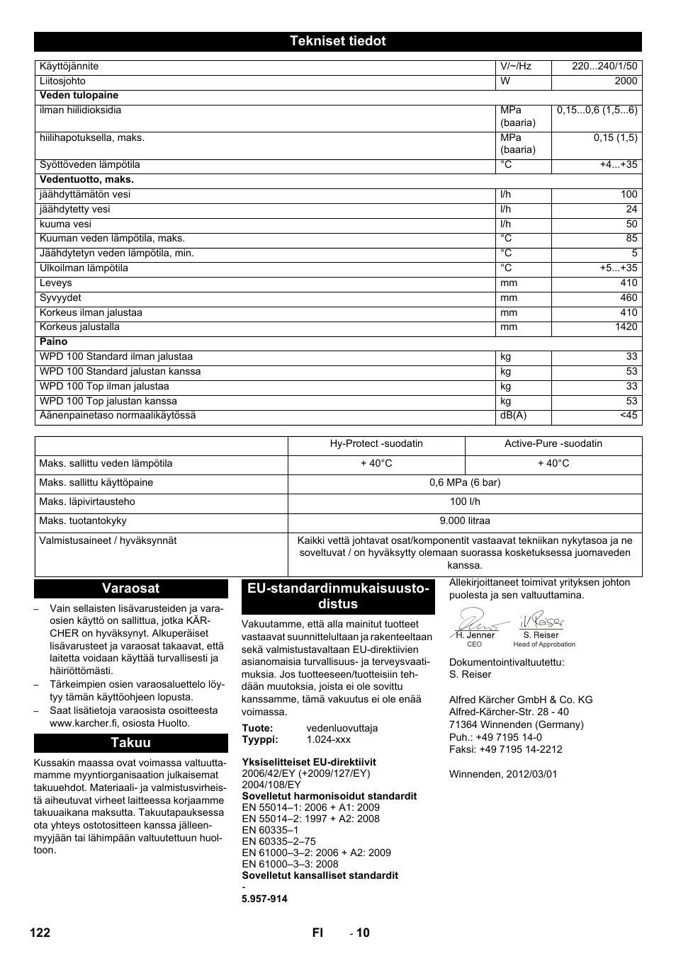 Tekniset tiedot, Varaosat takuu eu-standardinmukaisuusto- distus | Karcher WPD 100 T AC User Manual | Page 122 / 316