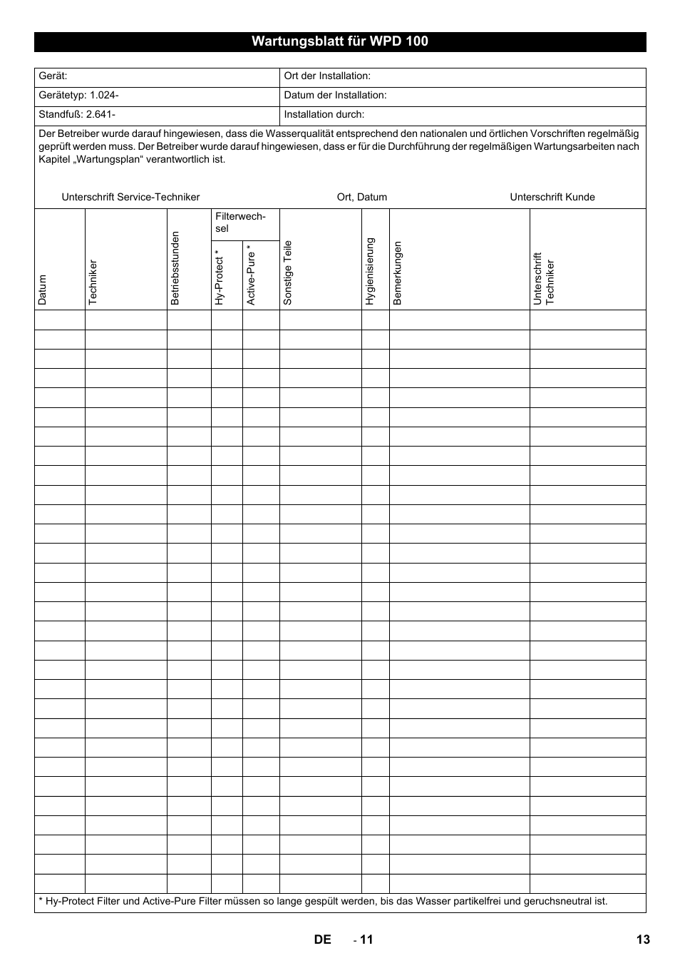 Wartungsblatt für wpd 100 | Karcher WPD 100 T AC User Manual | Page 13 / 316