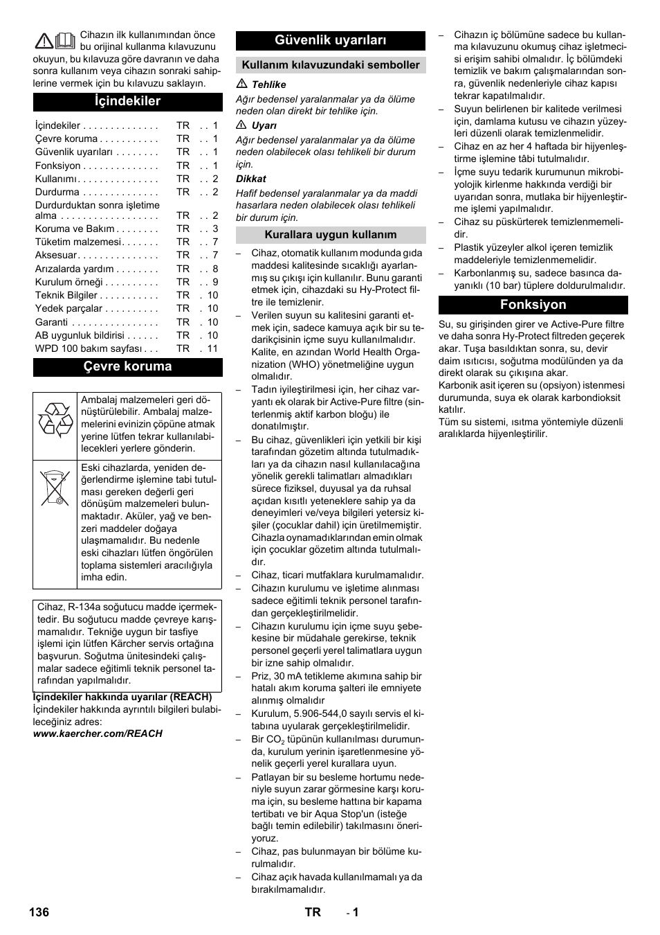 Türkçe, Içindekiler, Çevre koruma | Güvenlik uyarıları, Fonksiyon | Karcher WPD 100 T AC User Manual | Page 136 / 316