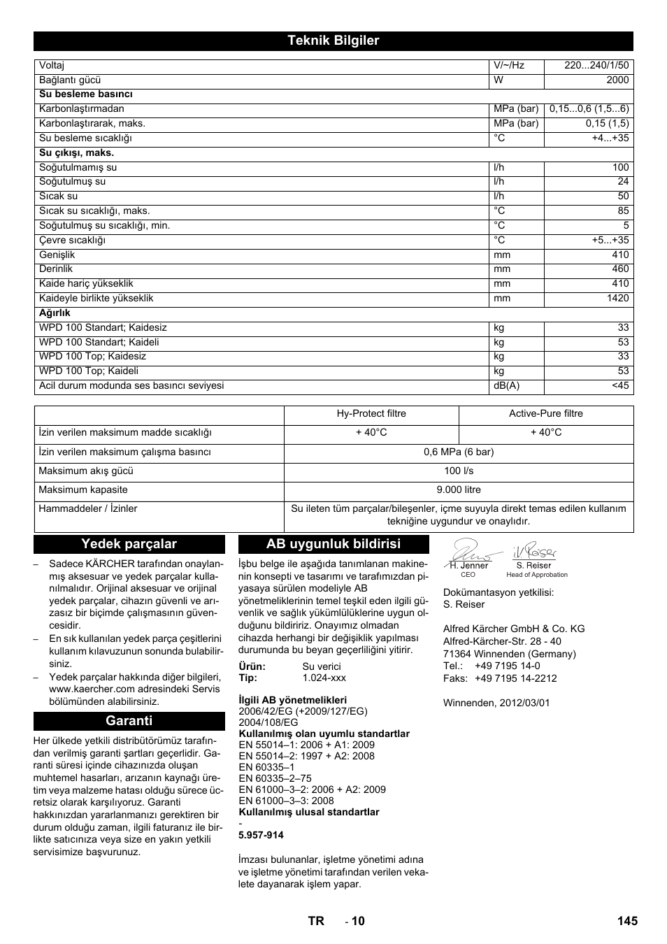 Teknik bilgiler, Yedek parçalar garanti ab uygunluk bildirisi | Karcher WPD 100 T AC User Manual | Page 145 / 316