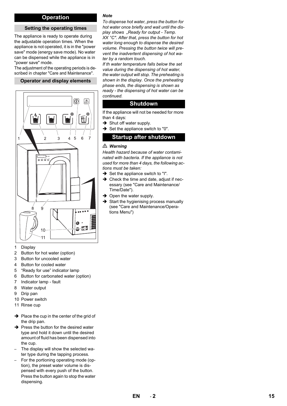 Operation, Shutdown startup after shutdown | Karcher WPD 100 T AC User Manual | Page 15 / 316