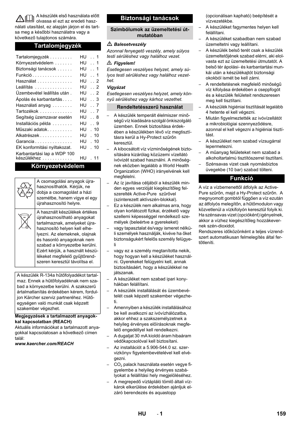 Magyar, Tartalomjegyzék, Környezetvédelem | Biztonsági tanácsok, Funkció | Karcher WPD 100 T AC User Manual | Page 159 / 316