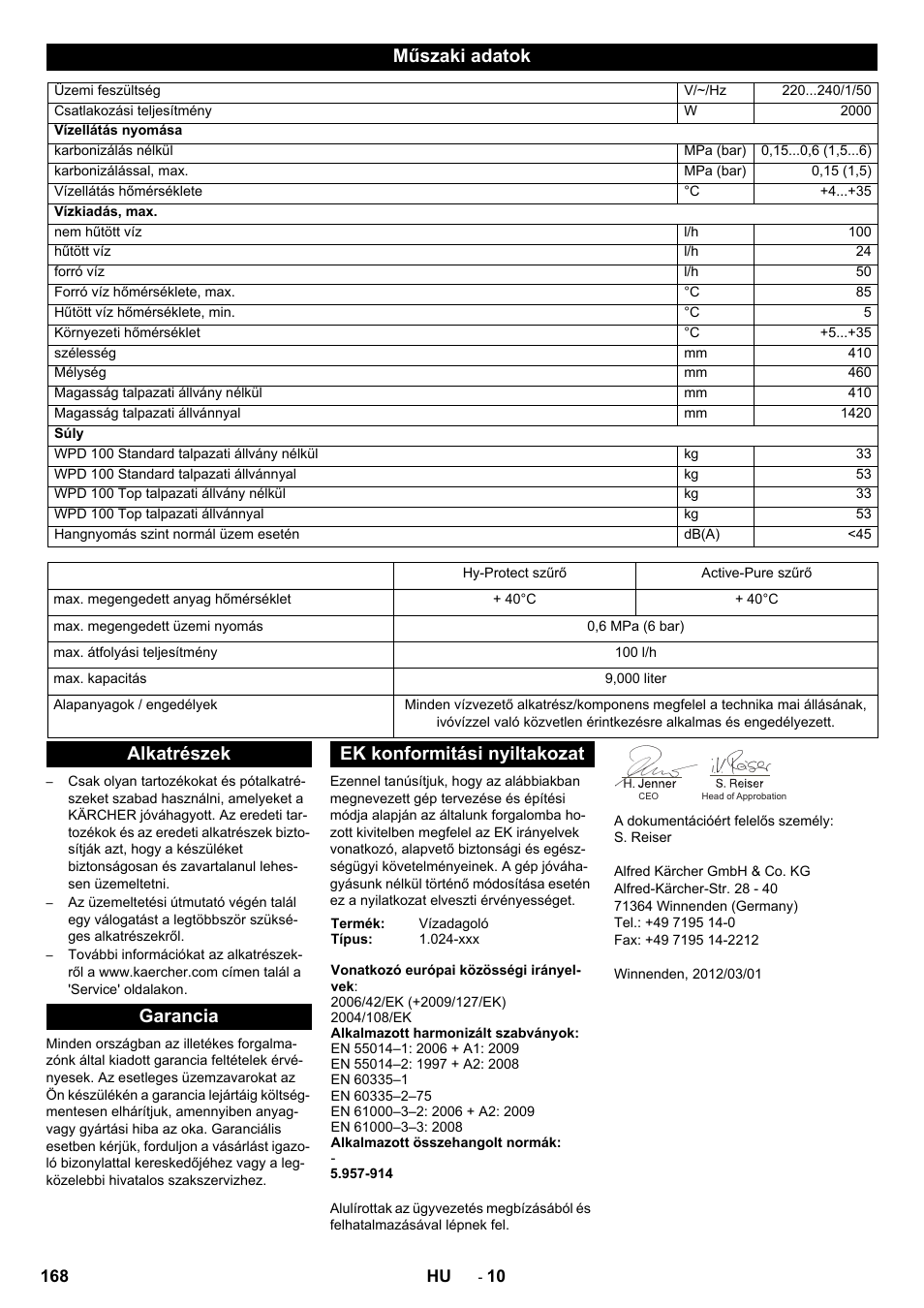Műszaki adatok, Alkatrészek garancia ek konformitási nyiltakozat | Karcher WPD 100 T AC User Manual | Page 168 / 316