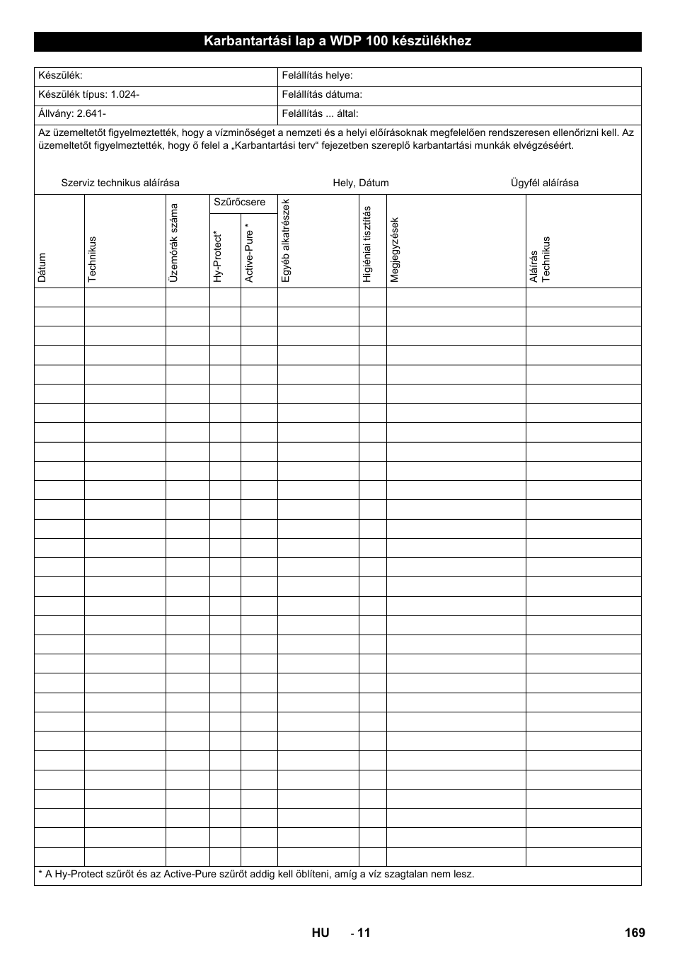 Karbantartási lap a wdp 100 készülékhez | Karcher WPD 100 T AC User Manual | Page 169 / 316