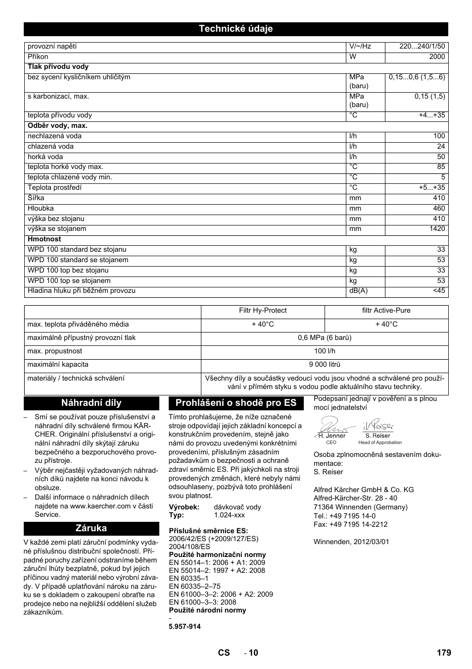 Technické údaje, Náhradní díly záruka prohlášení o shodě pro es | Karcher WPD 100 T AC User Manual | Page 179 / 316