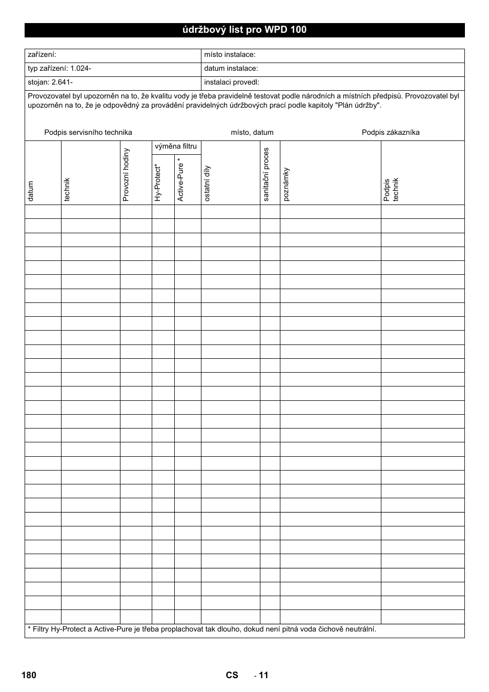 Údržbový list pro wpd 100 | Karcher WPD 100 T AC User Manual | Page 180 / 316