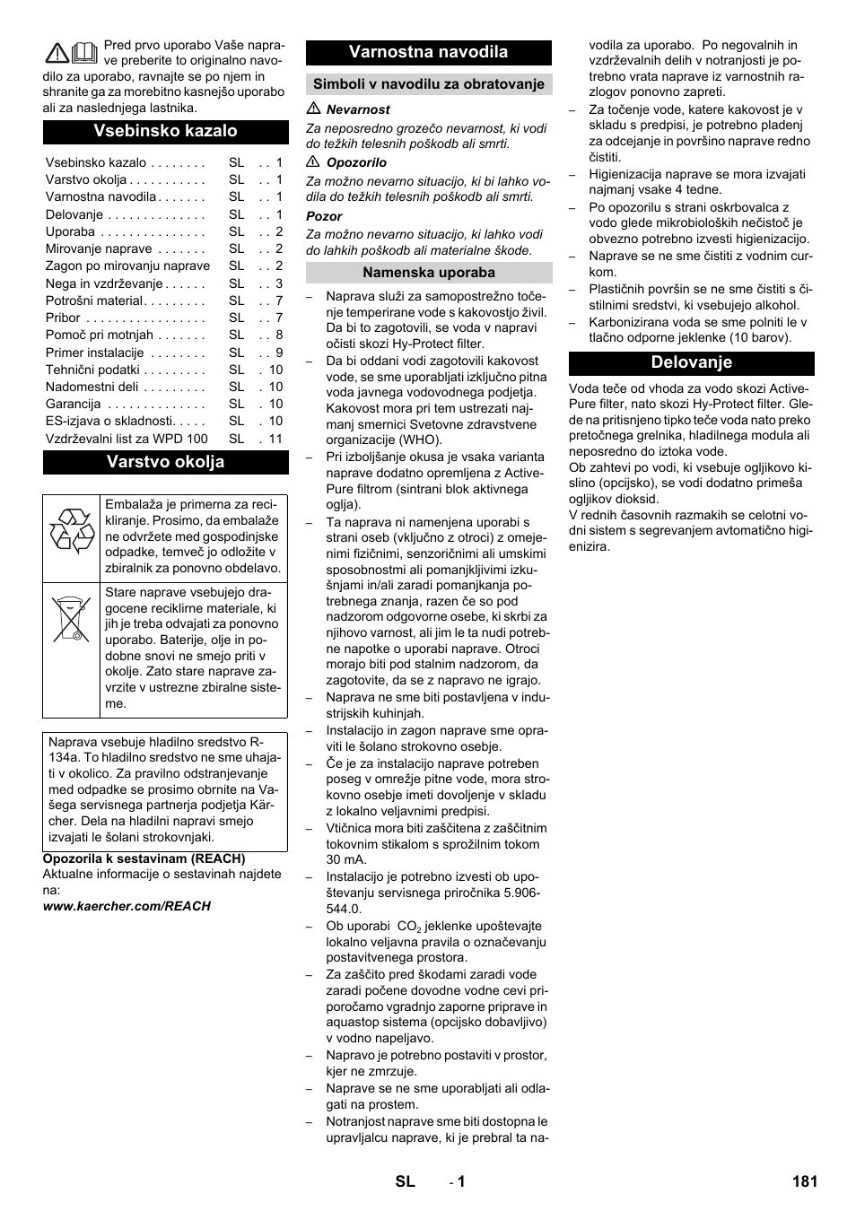 Slovenščina, Slovenšina, Vsebinsko kazalo | Varstvo okolja, Varnostna navodila, Delovanje | Karcher WPD 100 T AC User Manual | Page 181 / 316