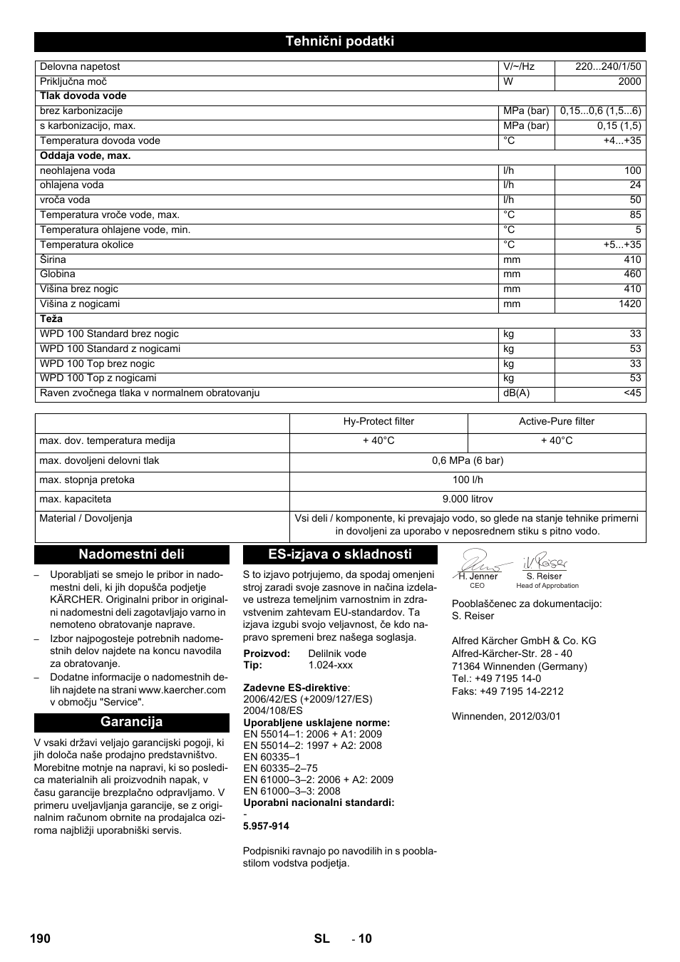 Tehnični podatki, Nadomestni deli garancija es-izjava o skladnosti | Karcher WPD 100 T AC User Manual | Page 190 / 316