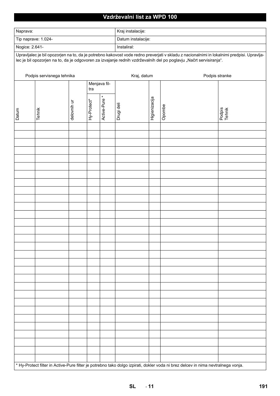 Vzdrževalni list za wpd 100 | Karcher WPD 100 T AC User Manual | Page 191 / 316