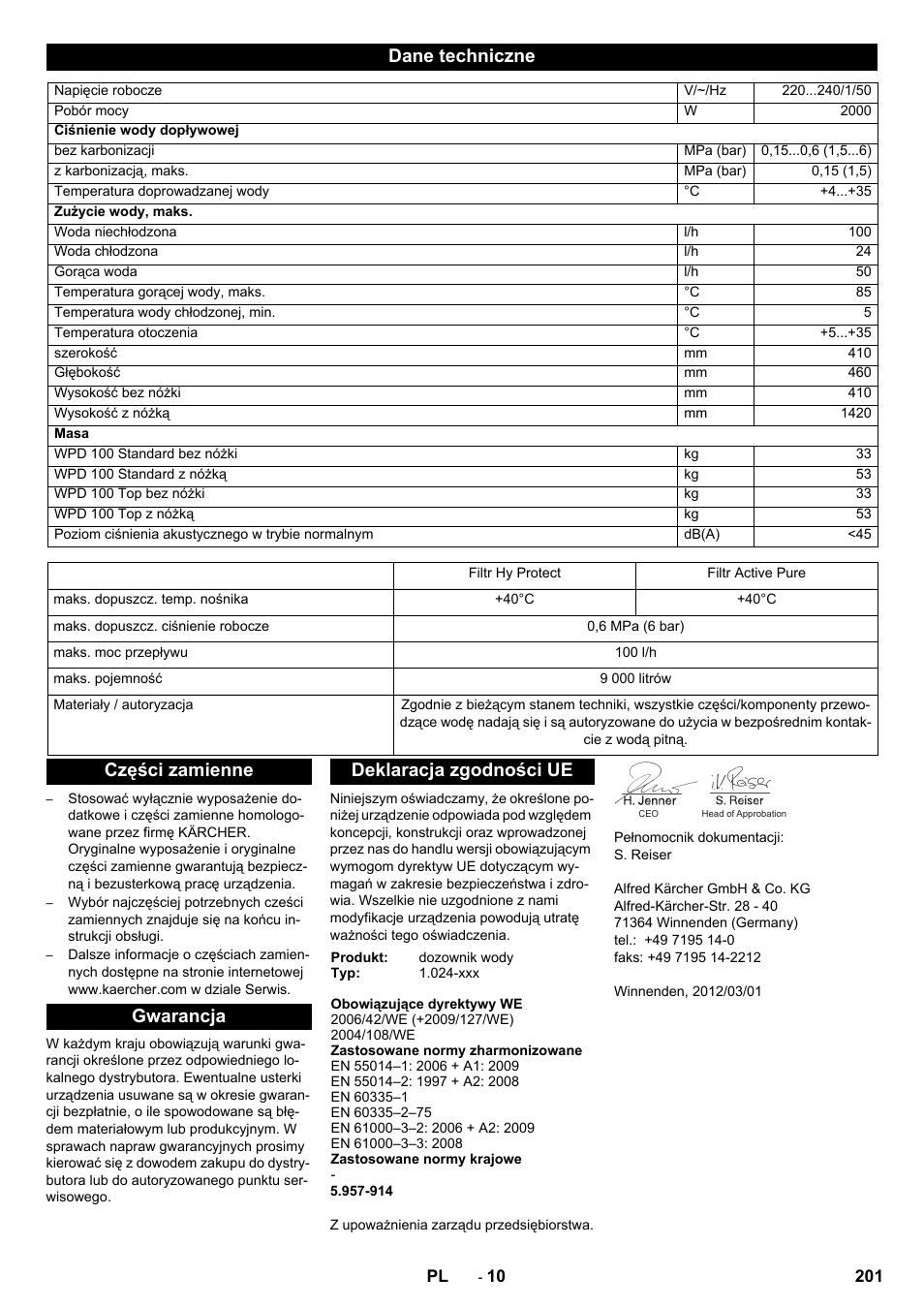 Dane techniczne, Części zamienne gwarancja deklaracja zgodności ue | Karcher WPD 100 T AC User Manual | Page 201 / 316