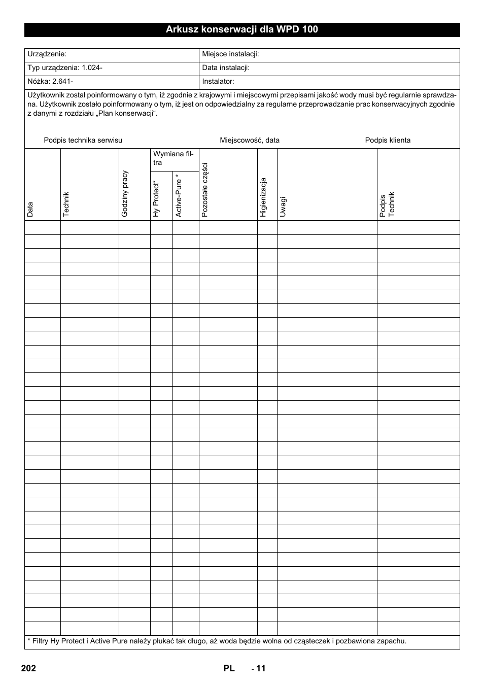 Arkusz konserwacji dla wpd 100 | Karcher WPD 100 T AC User Manual | Page 202 / 316