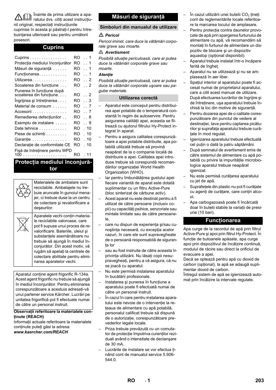 Româneşte, Românete, Cuprins | Protecţia mediului înconjură- tor, Măsuri de siguranţă, Funcţionarea | Karcher WPD 100 T AC User Manual | Page 203 / 316