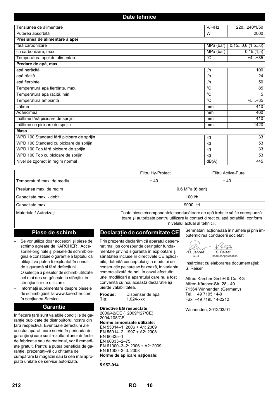 Date tehnice | Karcher WPD 100 T AC User Manual | Page 212 / 316