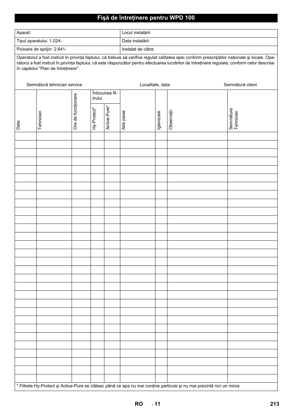Fişă de întreţinere pentru wpd 100 | Karcher WPD 100 T AC User Manual | Page 213 / 316