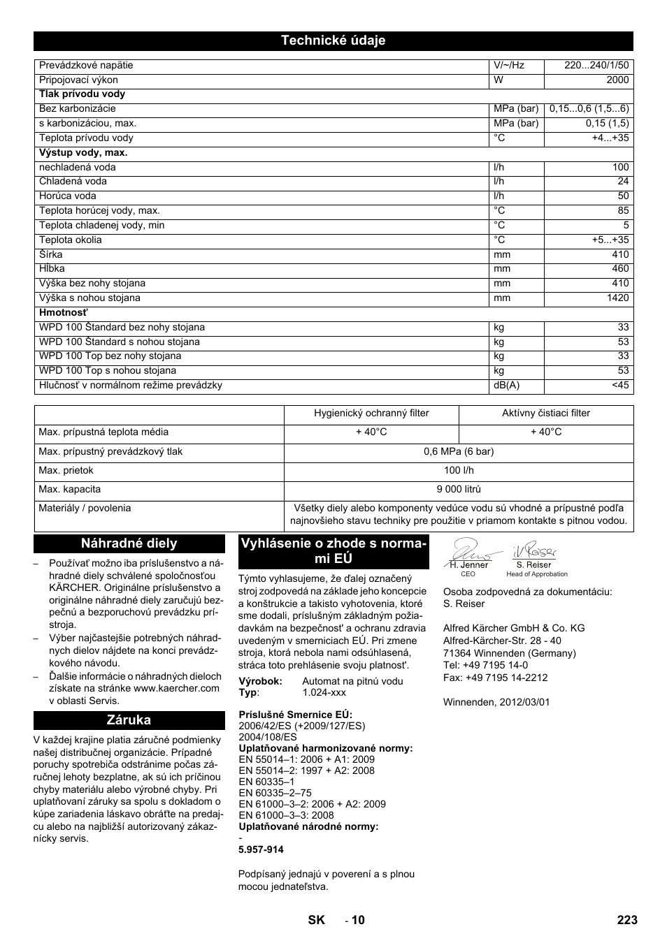 Technické údaje | Karcher WPD 100 T AC User Manual | Page 223 / 316