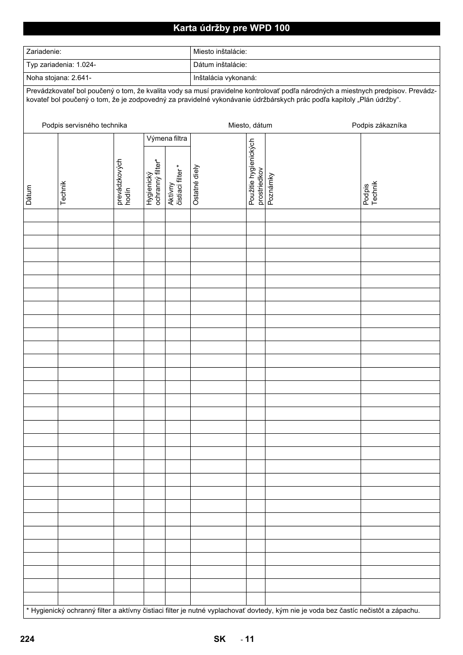 Karta údržby pre wpd 100 | Karcher WPD 100 T AC User Manual | Page 224 / 316