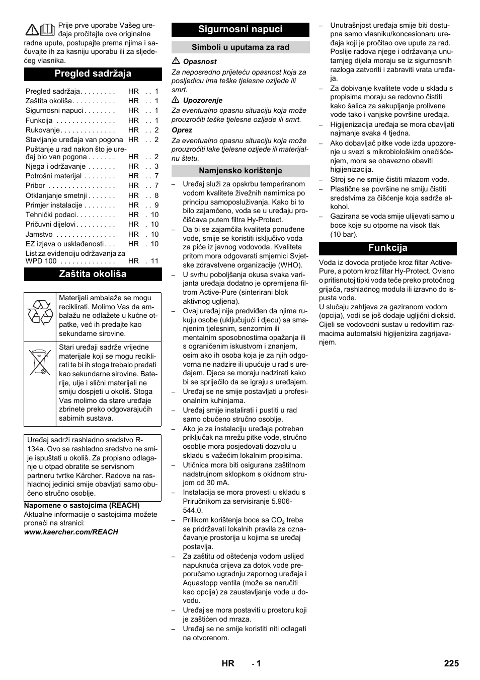 Hrvatski, Pregled sadržaja, Zaštita okoliša | Sigurnosni napuci, Funkcija | Karcher WPD 100 T AC User Manual | Page 225 / 316