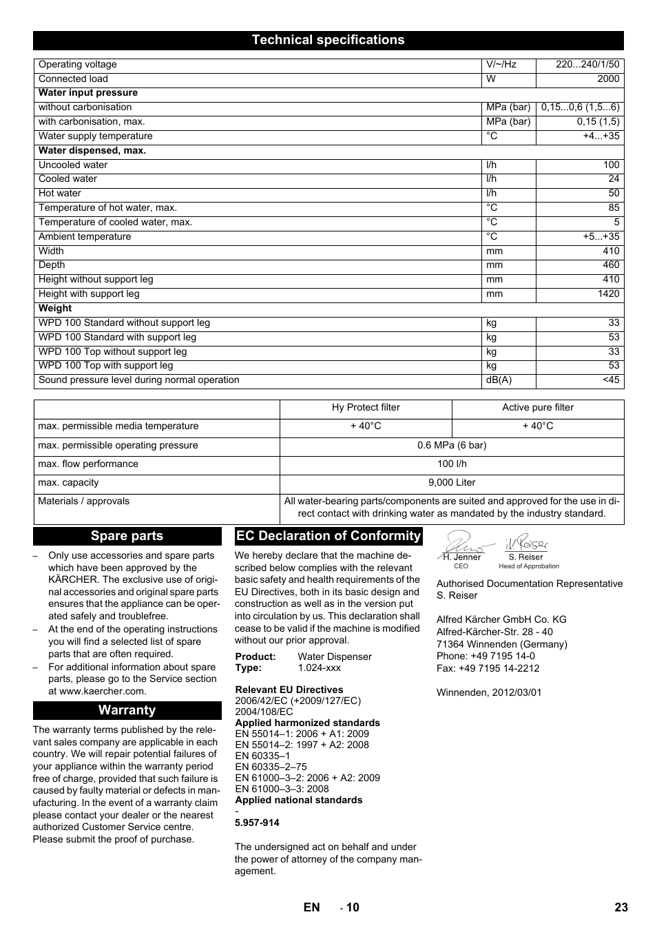 Technical specifications, Spare parts warranty ec declaration of conformity | Karcher WPD 100 T AC User Manual | Page 23 / 316