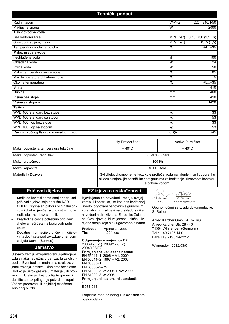 Tehnički podaci, Pričuvni dijelovi jamstvo ez izjava o usklađenosti | Karcher WPD 100 T AC User Manual | Page 234 / 316