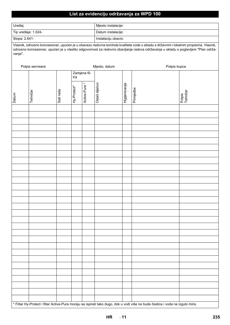 List za evidenciju održavanja za wpd 100 | Karcher WPD 100 T AC User Manual | Page 235 / 316