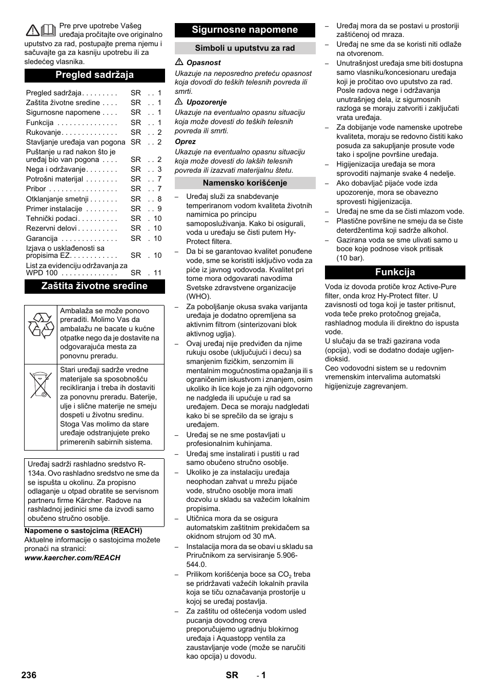 Srpski, Pregled sadržaja, Zaštita životne sredine | Sigurnosne napomene, Funkcija | Karcher WPD 100 T AC User Manual | Page 236 / 316