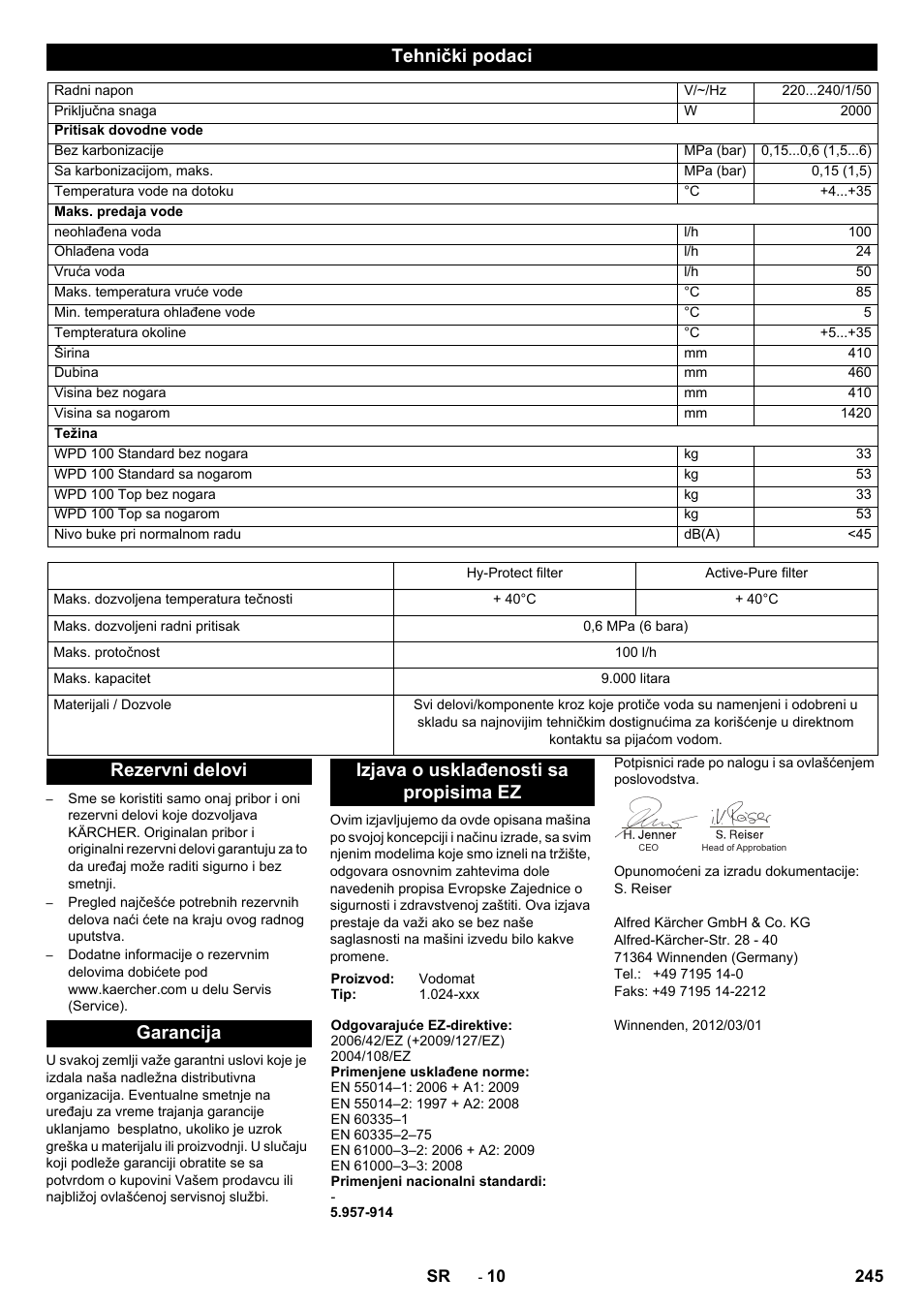 Tehnički podaci | Karcher WPD 100 T AC User Manual | Page 245 / 316