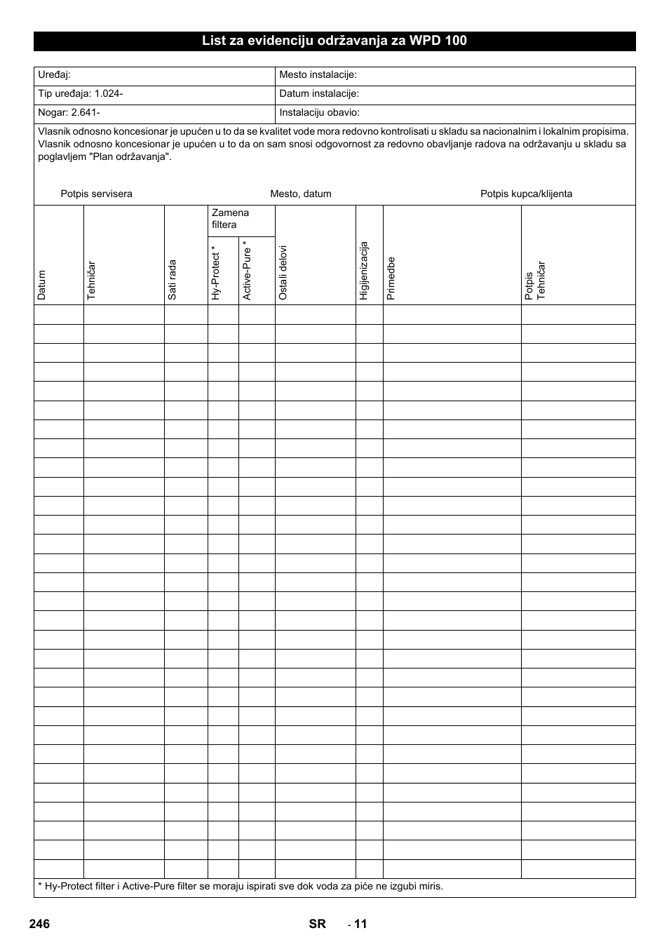 List za evidenciju održavanja za wpd 100 | Karcher WPD 100 T AC User Manual | Page 246 / 316