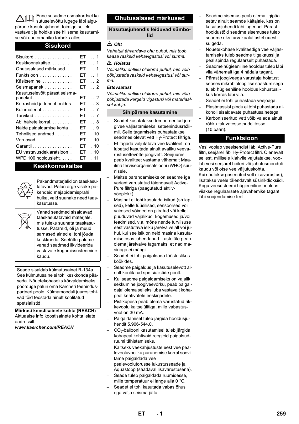 Eesti, Sisukord, Keskkonnakaitse | Ohutusalased märkused, Funktsioon | Karcher WPD 100 T AC User Manual | Page 259 / 316
