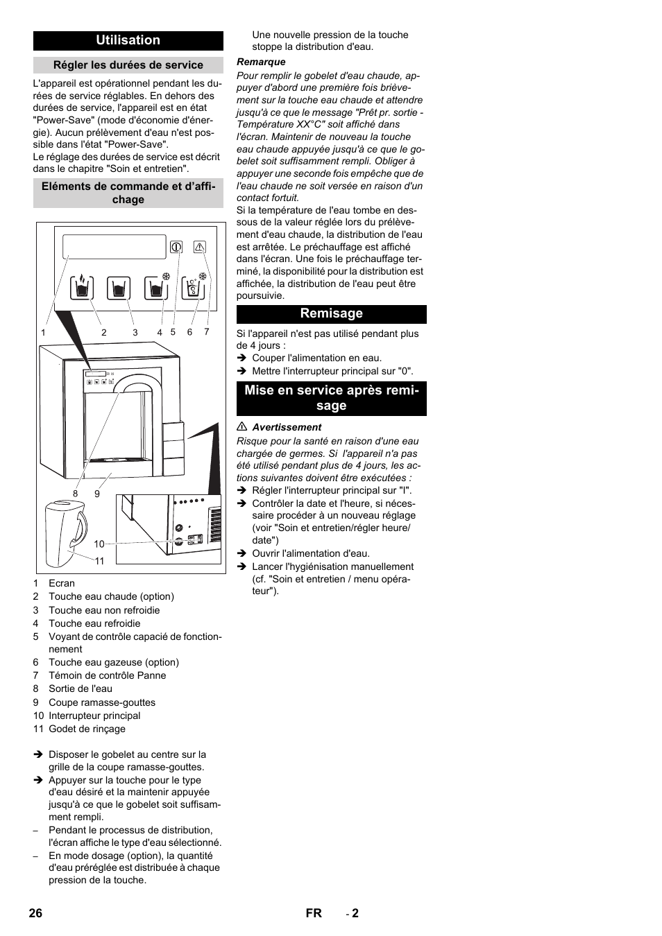 Utilisation, Remisage mise en service après remi- sage | Karcher WPD 100 T AC User Manual | Page 26 / 316