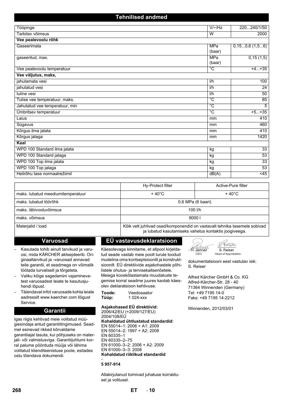Tehnilised andmed, Varuosad garantii eü vastavusdeklaratsioon | Karcher WPD 100 T AC User Manual | Page 268 / 316