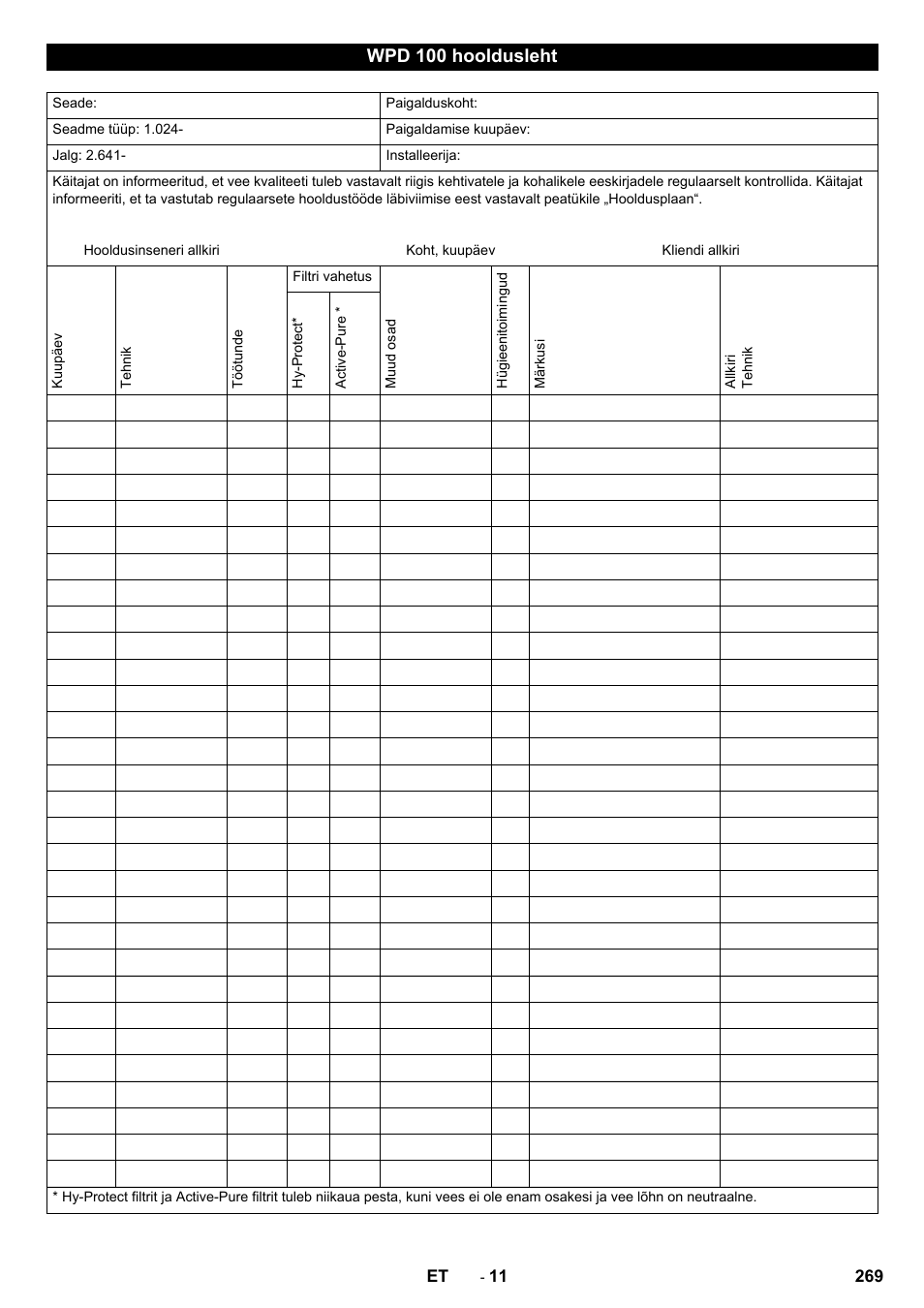 Wpd 100 hooldusleht | Karcher WPD 100 T AC User Manual | Page 269 / 316