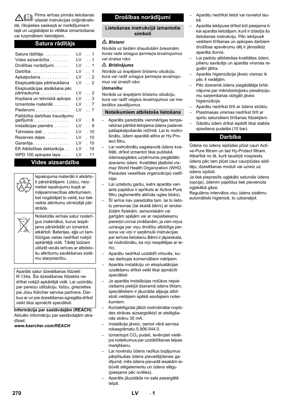 Latviešu, Satura rādītājs, Vides aizsardzība | Drošības norādījumi, Darbība | Karcher WPD 100 T AC User Manual | Page 270 / 316