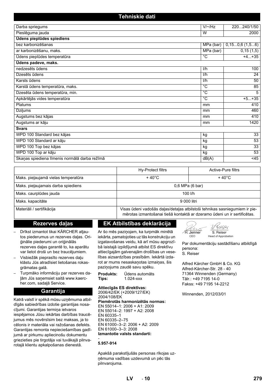 Tehniskie dati | Karcher WPD 100 T AC User Manual | Page 279 / 316