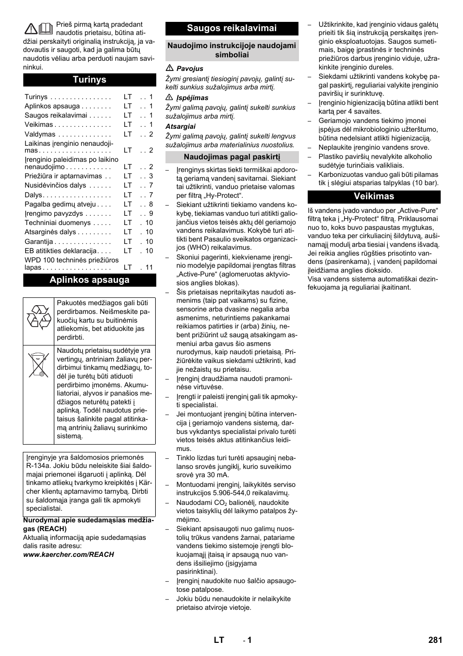 Lietuviškai, Turinys, Aplinkos apsauga | Saugos reikalavimai, Veikimas | Karcher WPD 100 T AC User Manual | Page 281 / 316