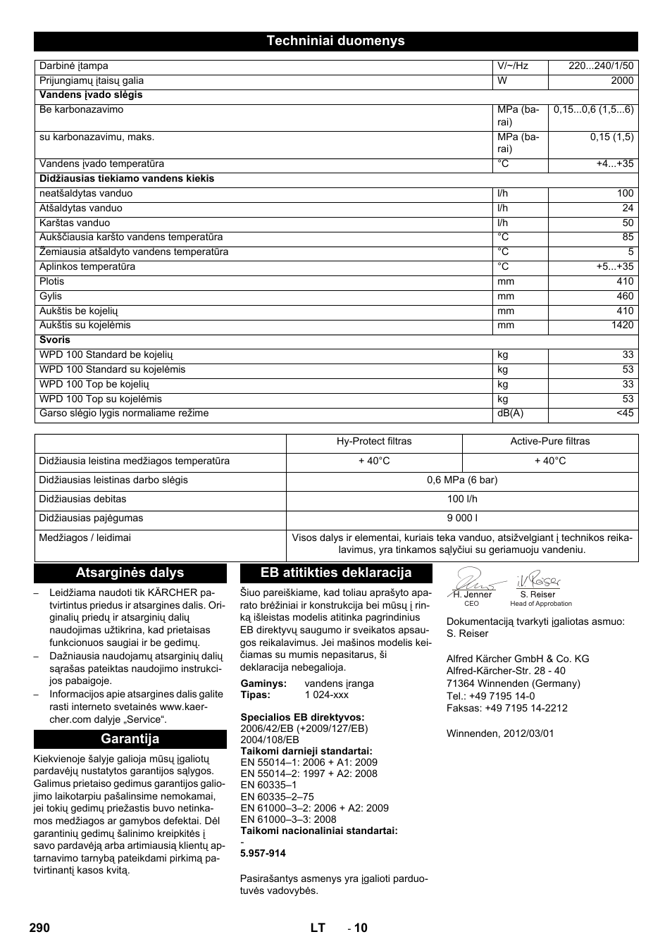 Techniniai duomenys | Karcher WPD 100 T AC User Manual | Page 290 / 316