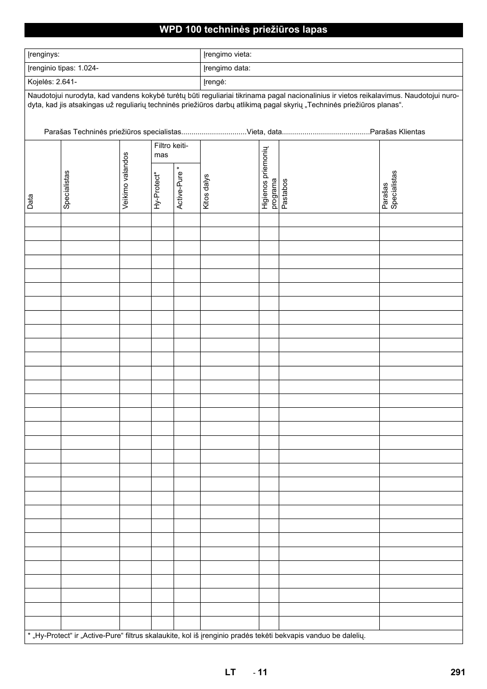 Wpd 100 techninės priežiūros lapas | Karcher WPD 100 T AC User Manual | Page 291 / 316