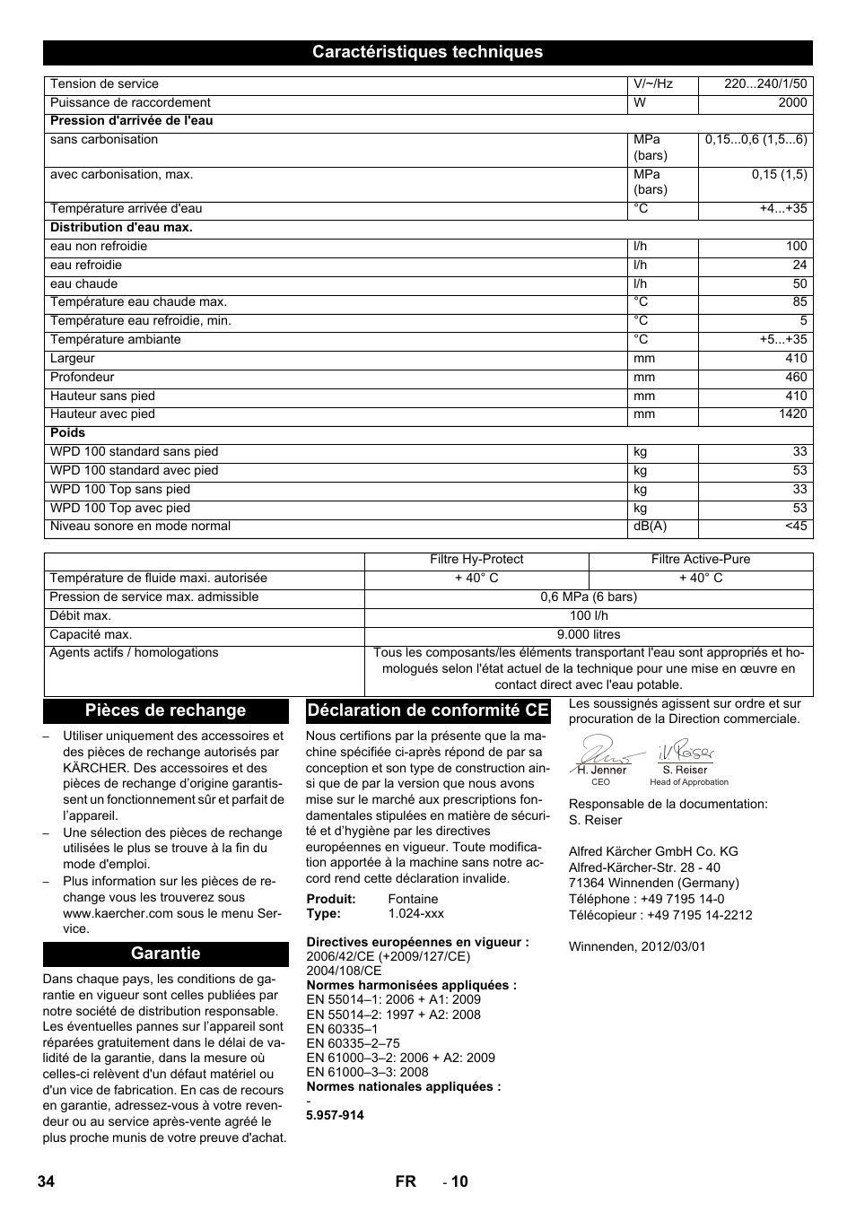 Caractéristiques techniques | Karcher WPD 100 T AC User Manual | Page 34 / 316