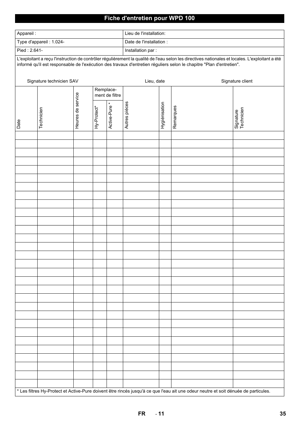 Fiche d'entretien pour wpd 100 | Karcher WPD 100 T AC User Manual | Page 35 / 316