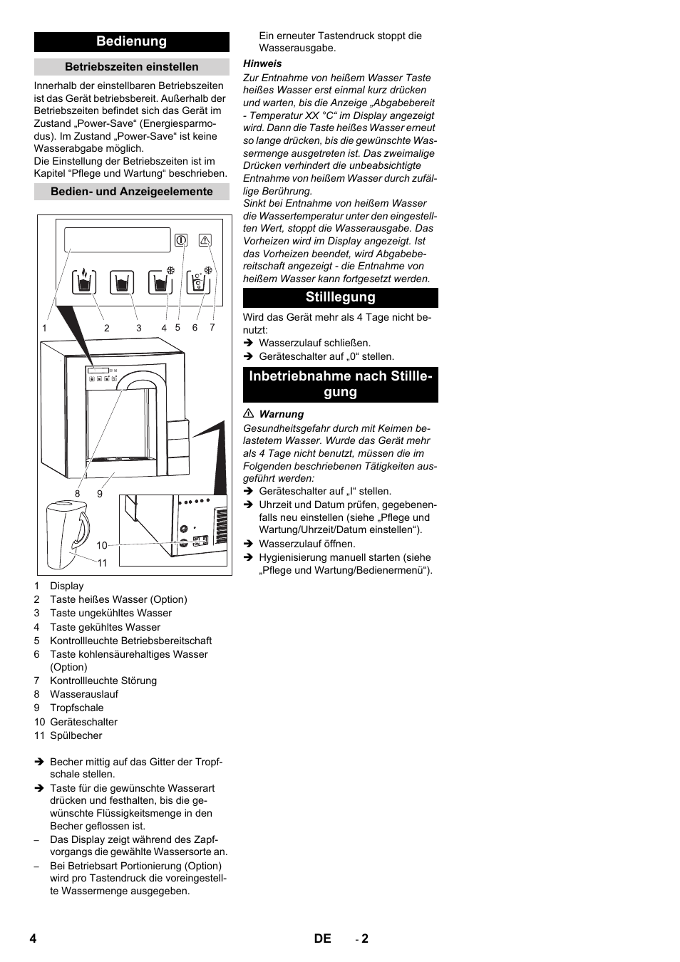 Bedienung, Stilllegung inbetriebnahme nach stillle- gung | Karcher WPD 100 T AC User Manual | Page 4 / 316