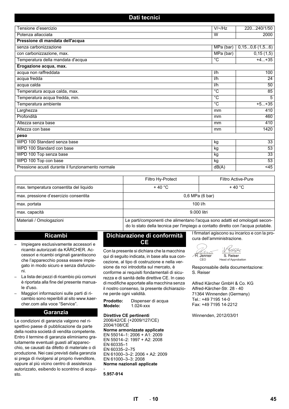 Dati tecnici, Ricambi garanzia dichiarazione di conformità ce | Karcher WPD 100 T AC User Manual | Page 45 / 316
