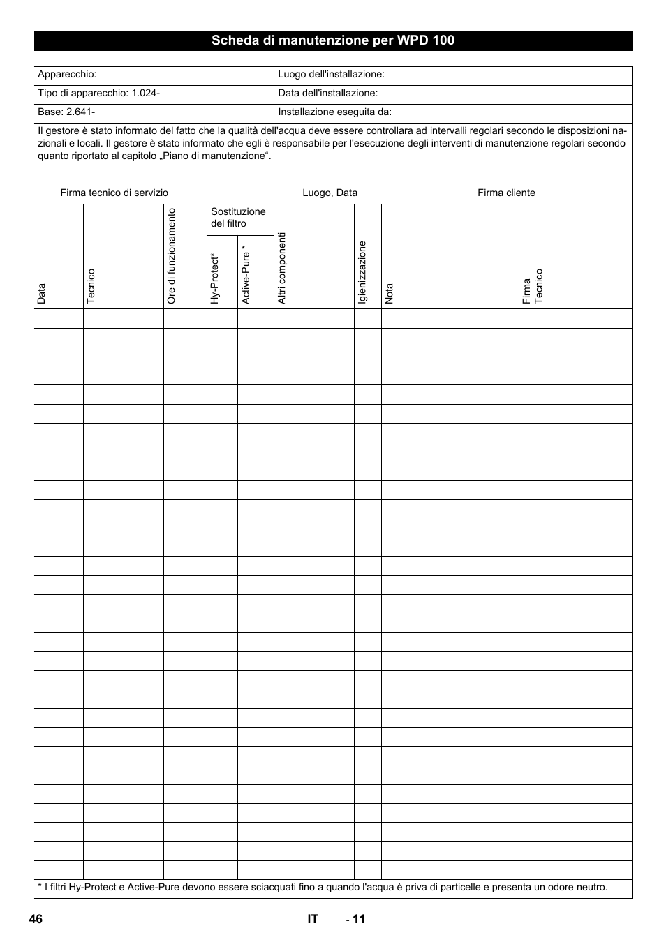 Scheda di manutenzione per wpd 100 | Karcher WPD 100 T AC User Manual | Page 46 / 316