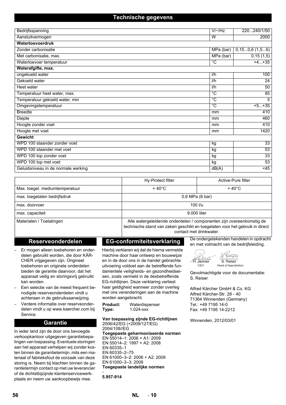 Technische gegevens | Karcher WPD 100 T AC User Manual | Page 56 / 316