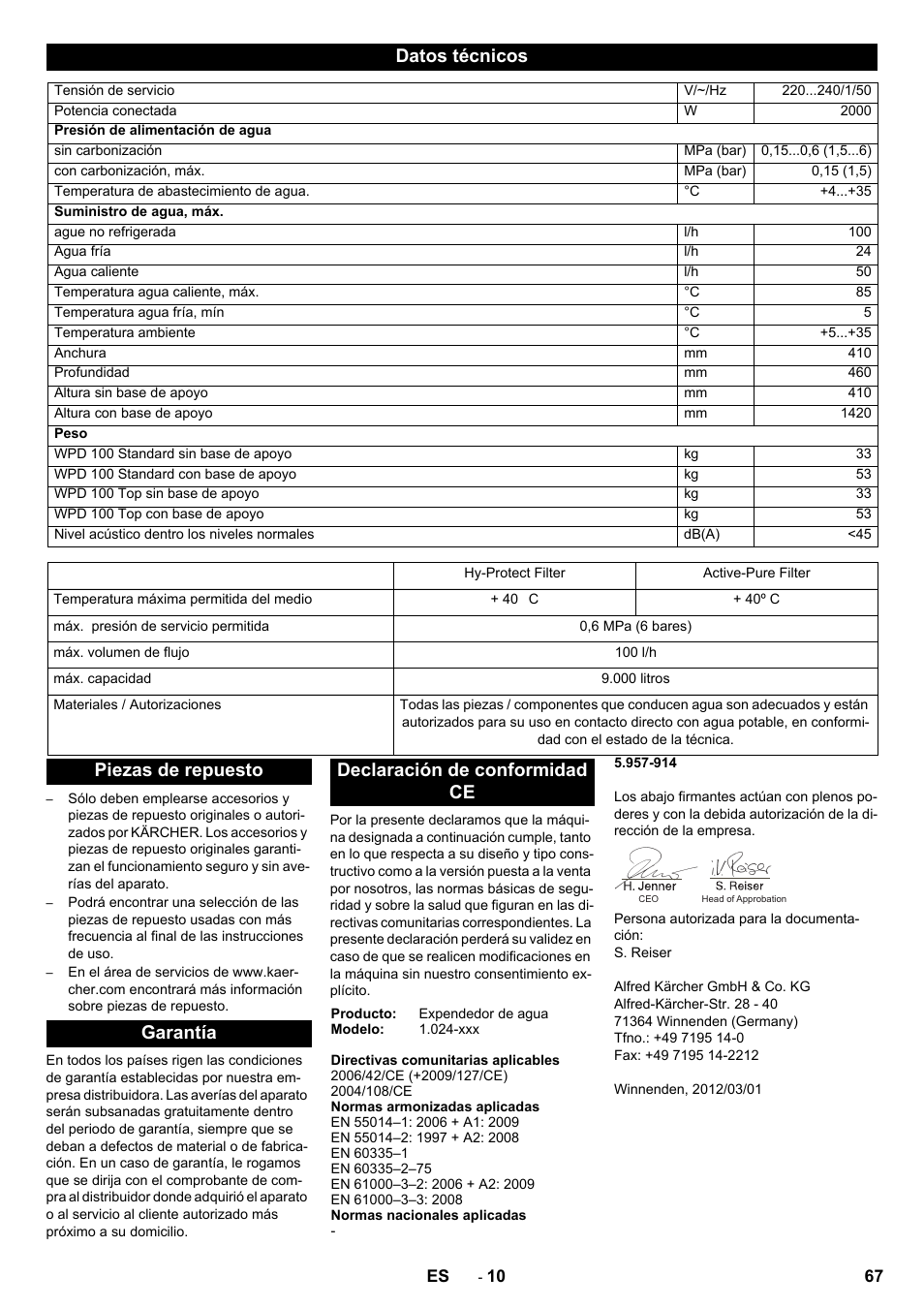 Datos técnicos | Karcher WPD 100 T AC User Manual | Page 67 / 316