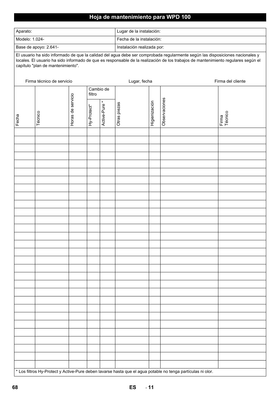 Hoja de mantenimiento para wpd 100 | Karcher WPD 100 T AC User Manual | Page 68 / 316