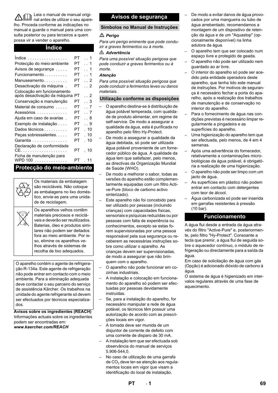 Português, Índice, Protecção do meio-ambiente | Avisos de segurança, Funcionamento | Karcher WPD 100 T AC User Manual | Page 69 / 316