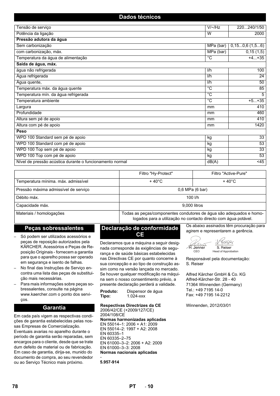 Dados técnicos | Karcher WPD 100 T AC User Manual | Page 78 / 316