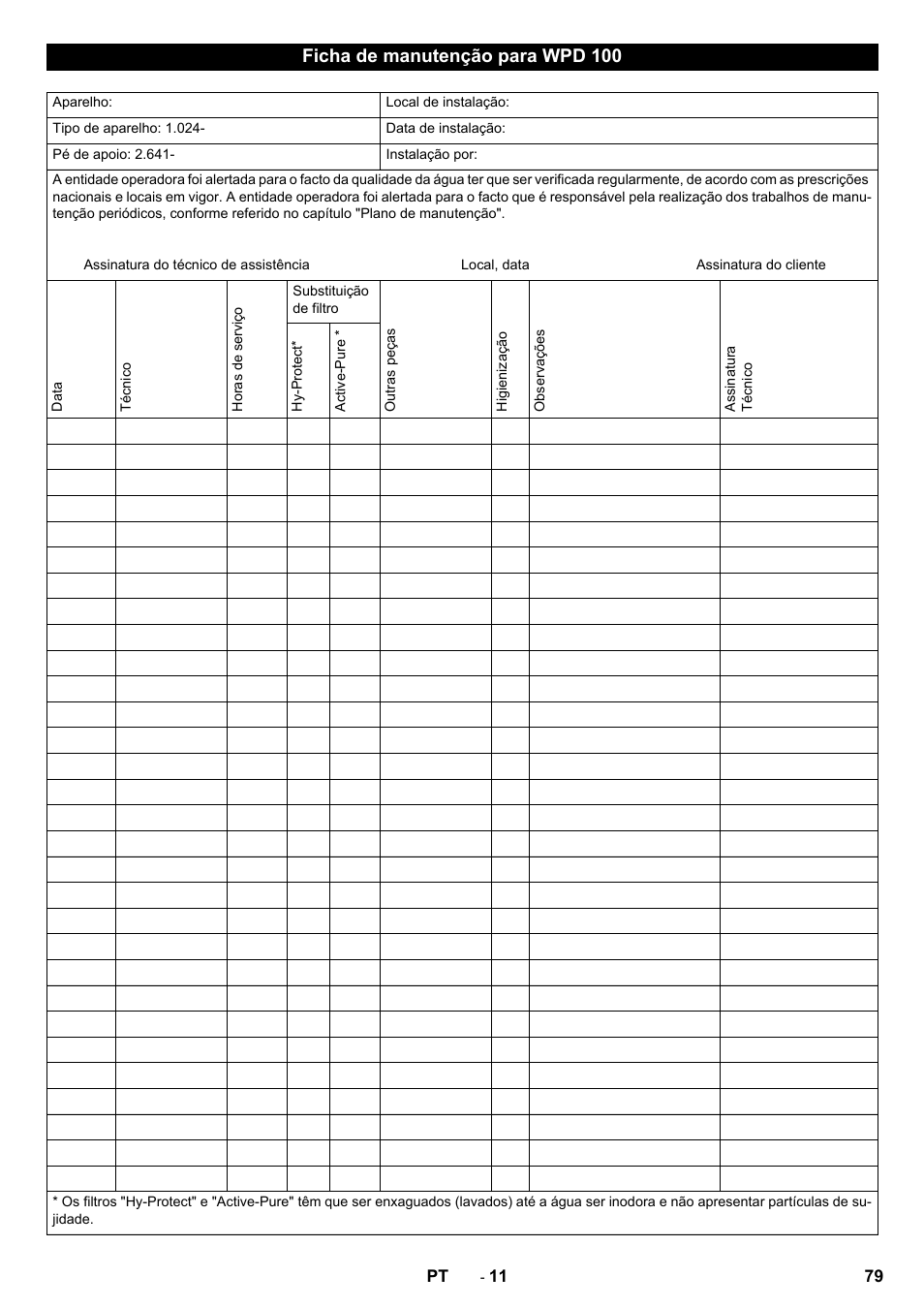 Ficha de manutenção para wpd 100 | Karcher WPD 100 T AC User Manual | Page 79 / 316