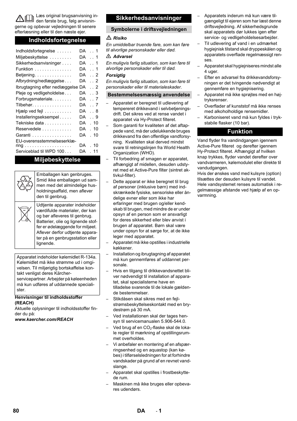 Dansk, Indholdsfortegnelse, Miljøbeskyttelse | Sikkerhedsanvisninger, Funktion | Karcher WPD 100 T AC User Manual | Page 80 / 316
