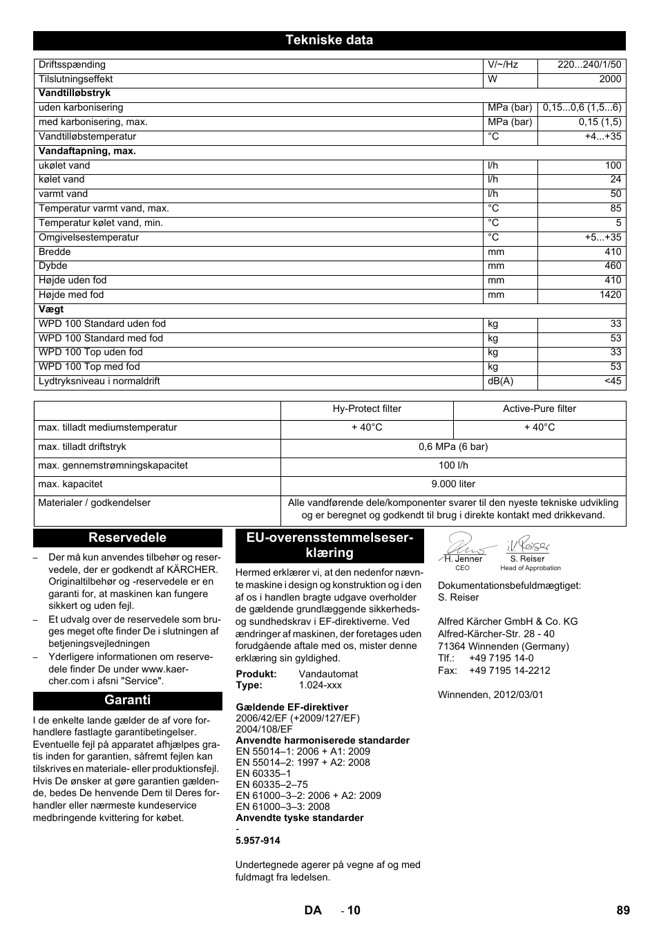 Tekniske data | Karcher WPD 100 T AC User Manual | Page 89 / 316